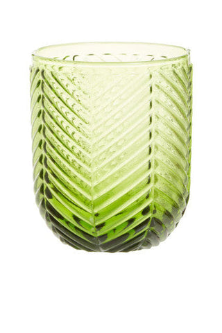 A translucent lime green glass tumbler with a textured chevron pattern from the fleur set of four green tumblers