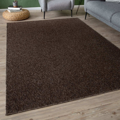 A flex brown low pile rug with a plush textured surface on light wood flooring perfect for any room