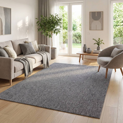 Gray low pile area rug with a subtle heathered finish in the flex grey low solid design