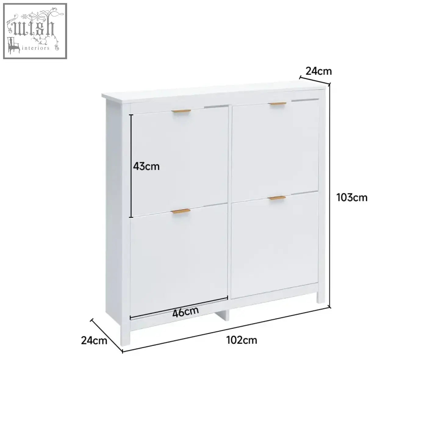 White four-door wood shoe cabinet with light wood-tone handles holds up to sixteen pairs and features four flip down shelves