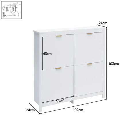 White four-door wood shoe cabinet with light wood-tone handles holds up to sixteen pairs and features four flip down shelves