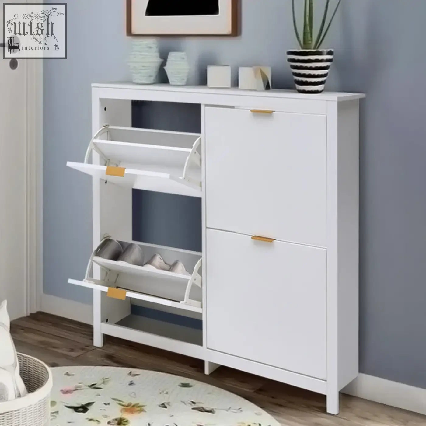 White wood shoe cabinet with gold-tone handles and four flip down trays holds up to sixteen pairs