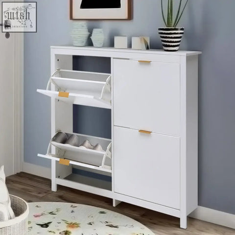 White wood shoe cabinet with gold-tone handles and four flip down trays holds up to sixteen pairs