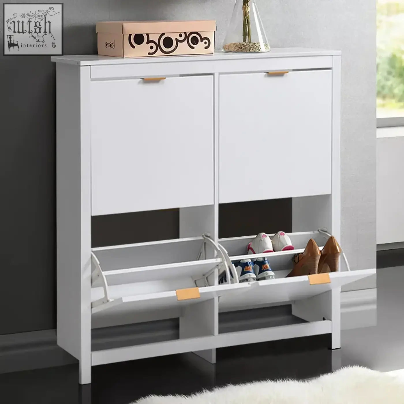 White minimalist flip down wood shoe cabinet with two sliding doors and shelves holds sixteen pairs of shoes