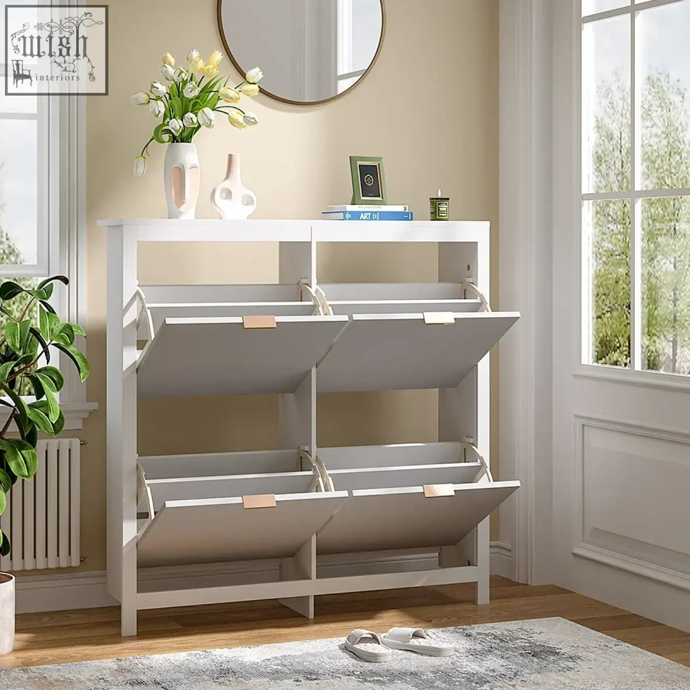 White wood shoe cabinet with four pull-out drawers and rose gold handles stores up to sixteen pairs