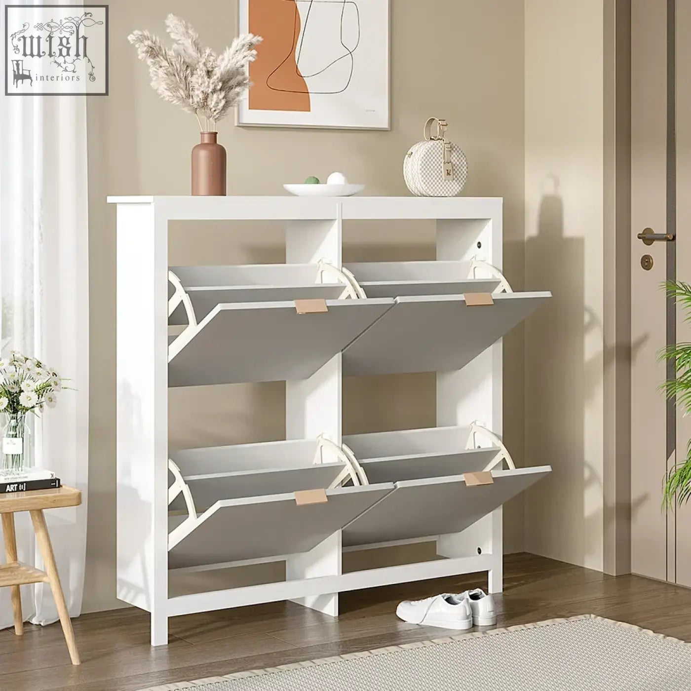 White modern wood shoe cabinet with four pull-out drawers holds up to sixteen pairs in a minimalist design