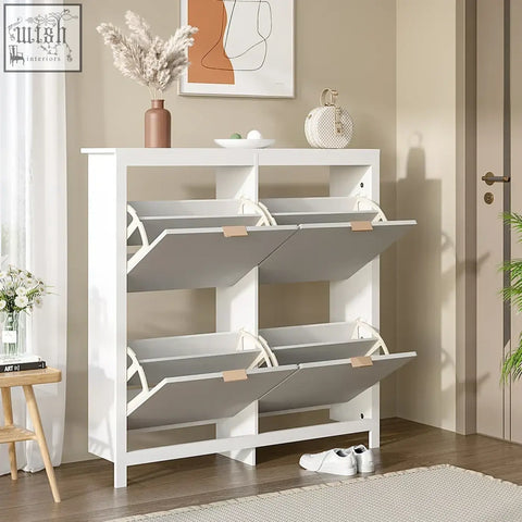 White modern wood shoe cabinet with four pull-out drawers holds up to sixteen pairs in a minimalist design