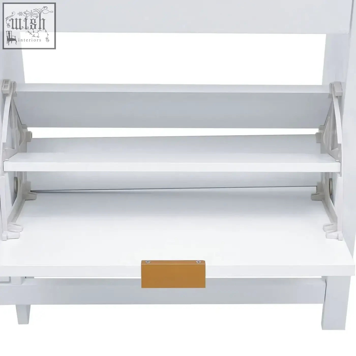 White wood shoe cabinet with four flip down shelves and gold pull handle holds up to sixteen pairs