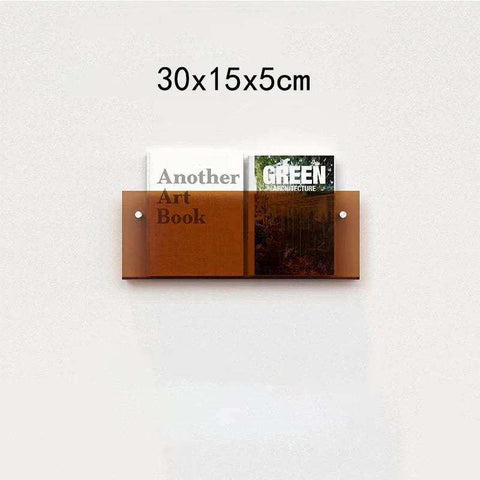 Brown translucent floating acrylic magazine holder wall mounted with two books displayed inside