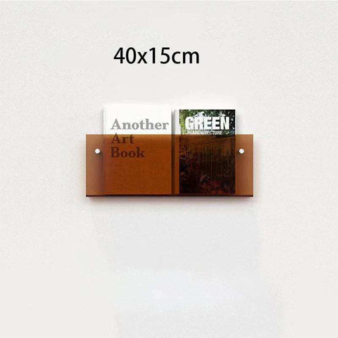 Brown translucent floating acrylic magazine holder wall-mounted holding two books in a sleek acrylic magazine rack