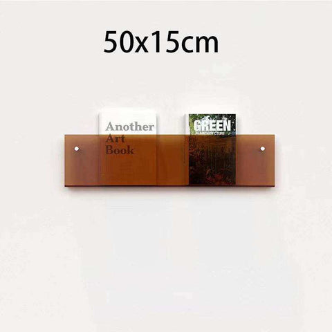 A sleek translucent amber floating acrylic magazine holder with minimalist design and silver-toned screws