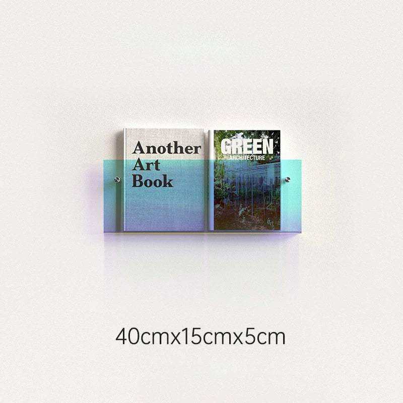 A sleek translucent teal floating acrylic magazine holder displaying two books side by side on a desk