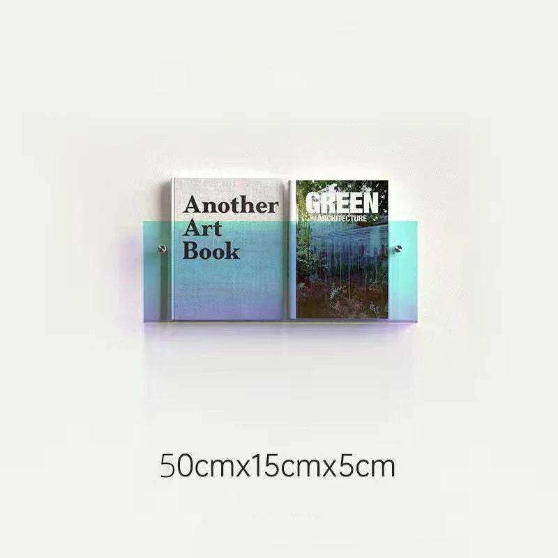 A sleek translucent blue floating acrylic magazine holder with minimalist design and durable acrylic material