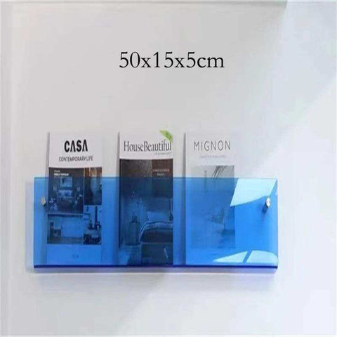 Blue translucent floating acrylic magazine holder with three compartments for stylish organization