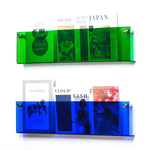 Floating acrylic magazine holder in green and blue translucent acrylic with silver hardware for stylish storage