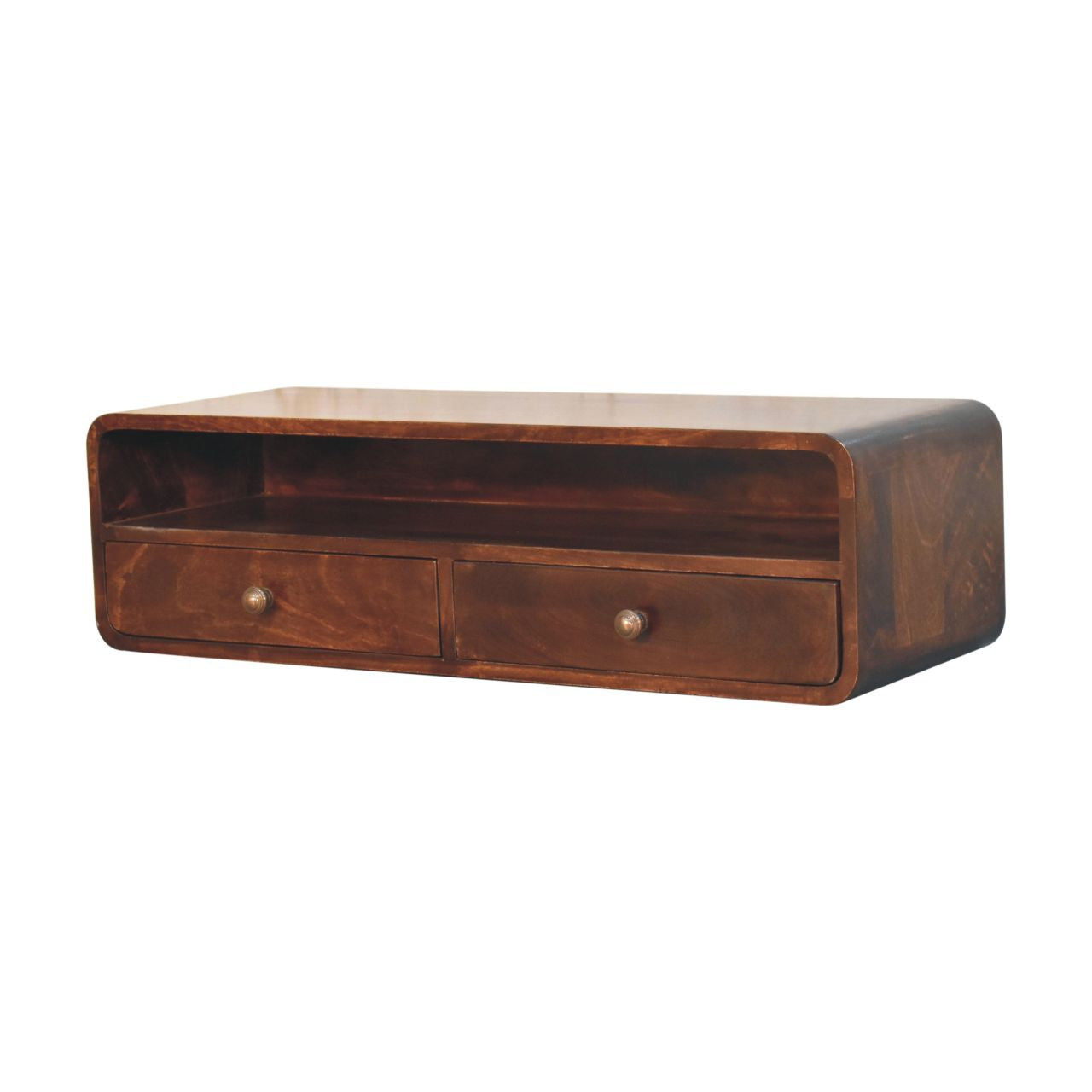 Dark brown california walnut open console table with two drawers and natural wood grain finish and rounded edges