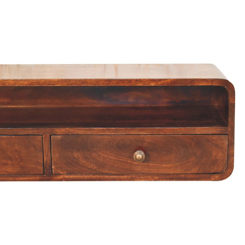 Rich brown california walnut open console table with two drawers and natural wood grain curved front edge