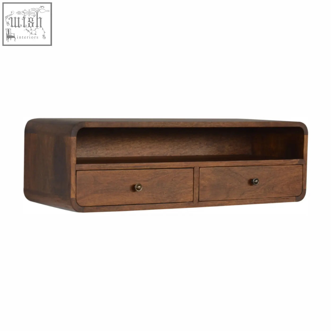 Dark brown wooden floating chestnut open console with two drawers made from solid mango wood with rounded edges