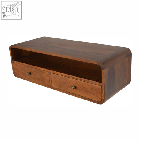 A sleek medium-brown floating chestnut open console with two drawers made of solid mango wood and a curved top