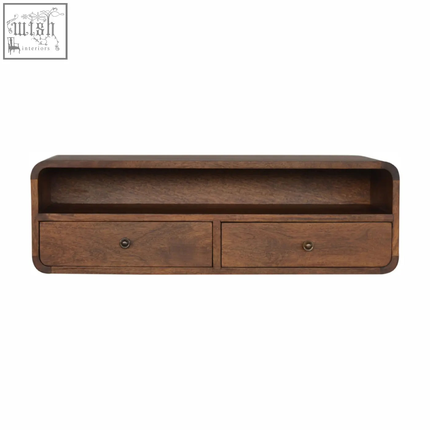 Floating chestnut open console with two drawers and open compartment in sleek dark brown solid mango wood