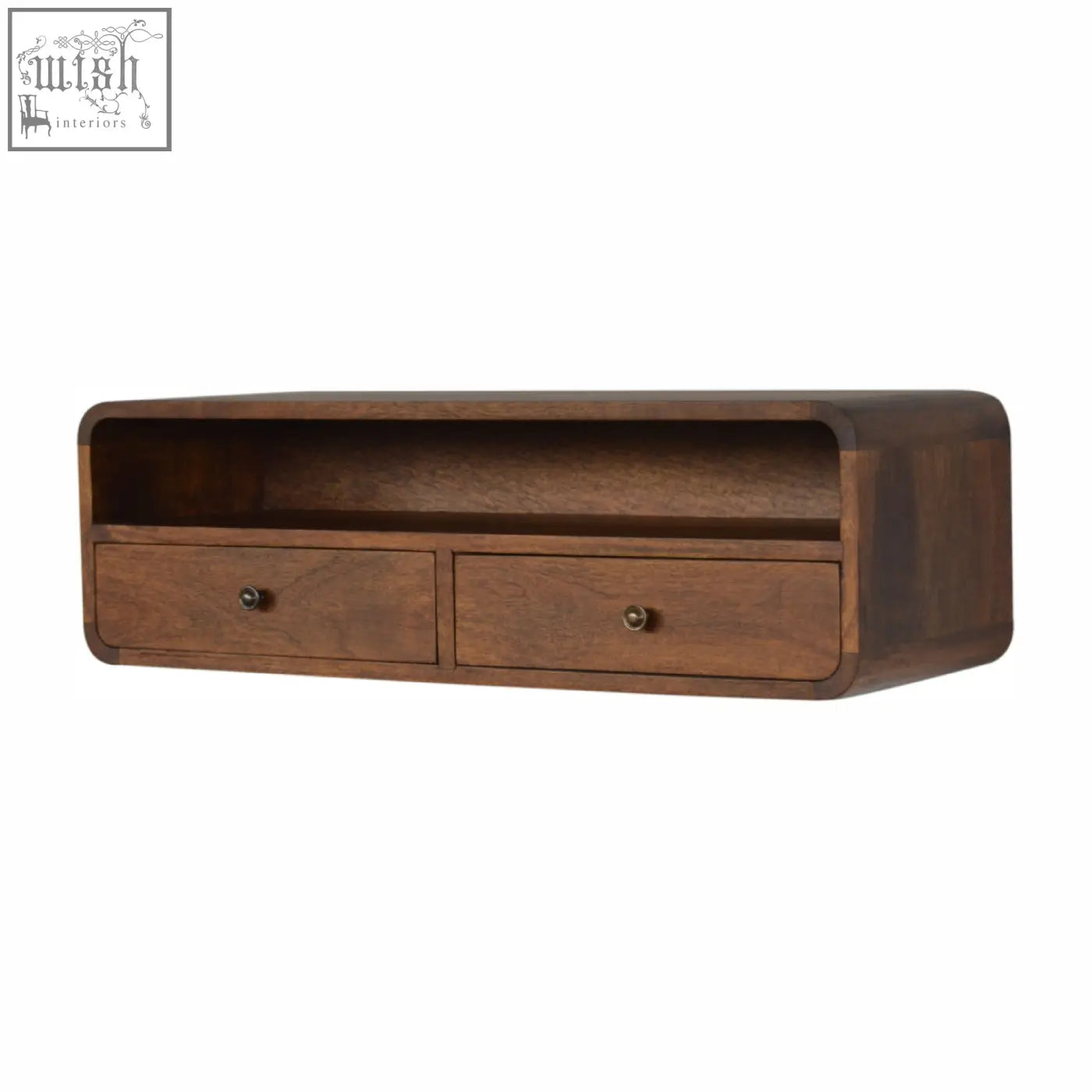 Dark brown floating chestnut open console chest of drawers with two drawers and rounded edges in solid mango wood