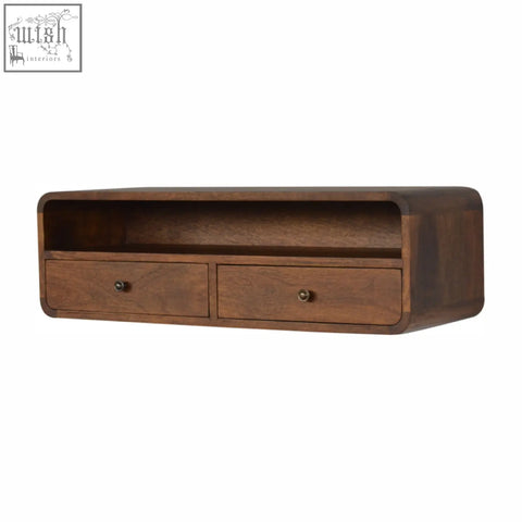 Dark brown floating chestnut open console chest of drawers with two drawers and rounded edges in solid mango wood