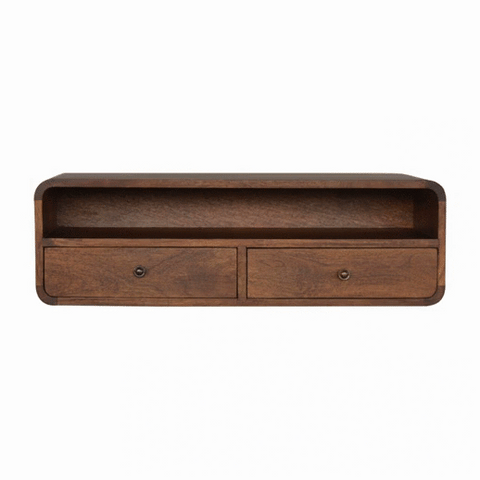 A sleek dark brown solid mango wood floating open console chest with two drawers and rounded edges