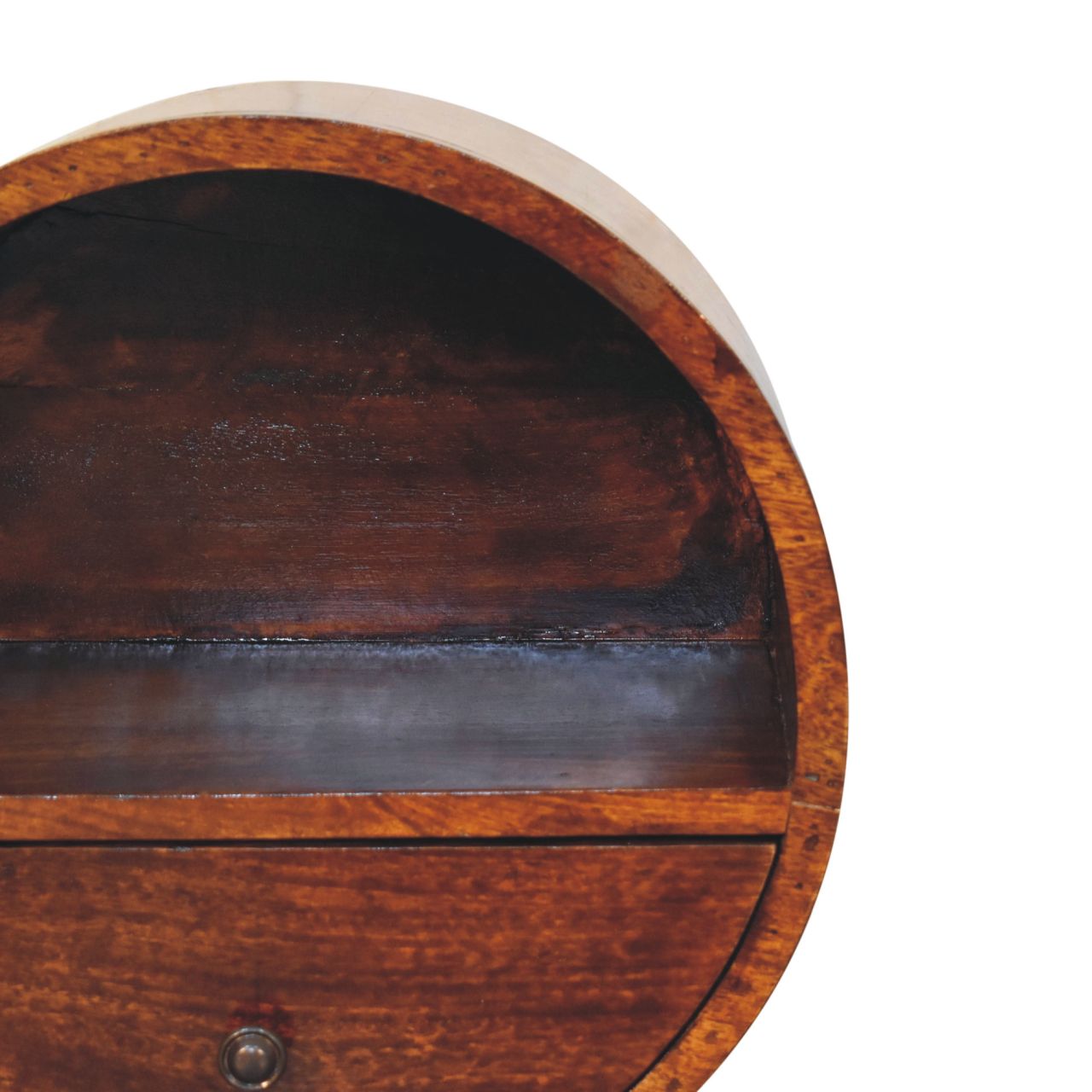 Antique oval wooden box with dark grain finish and metal clasp on floating circle chestnut bedside table
