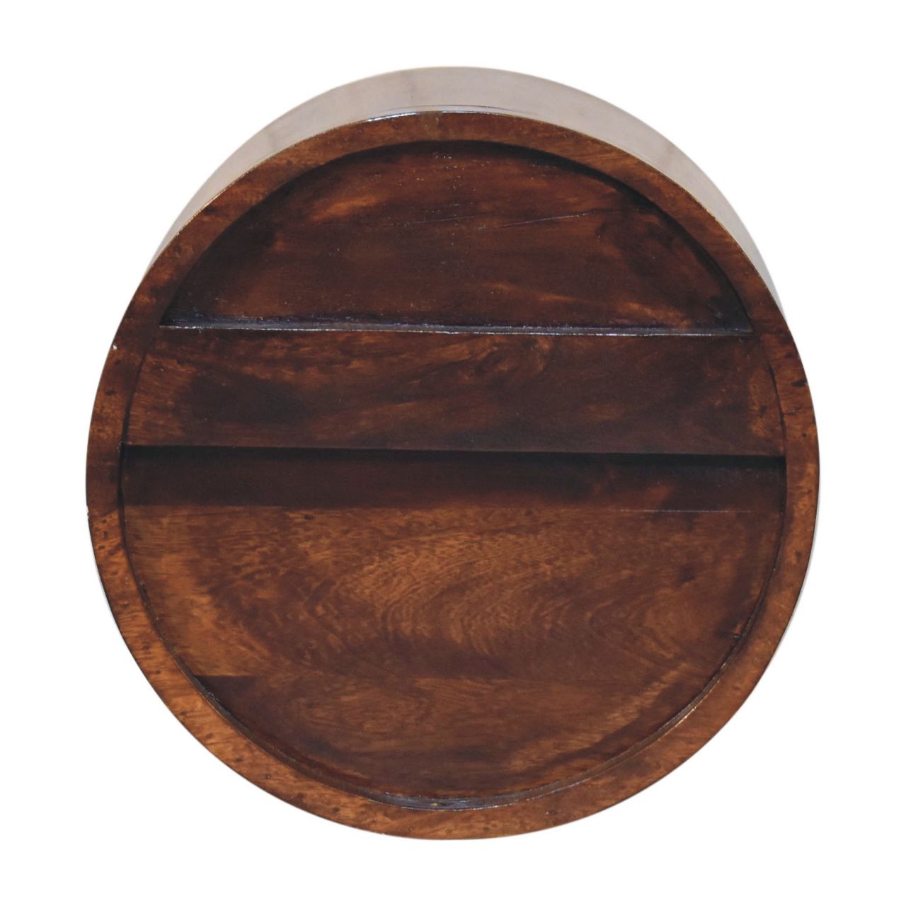 Circular wooden lid with dark brown finish and visible grain for floating circle chestnut bedside table
