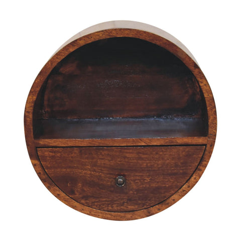 Floating circle chestnut bedside table with circular dark brown wooden wall storage and half circle compartment above drawer