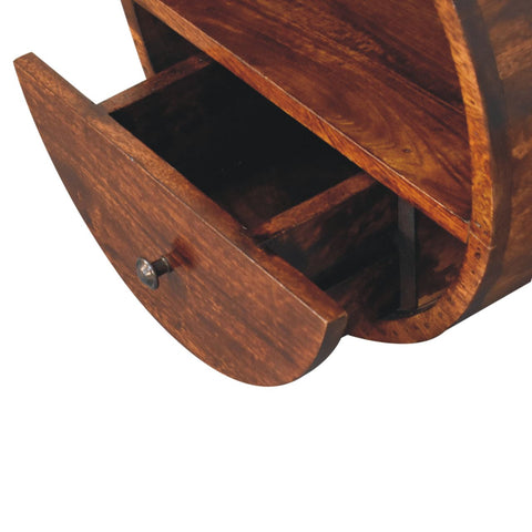 Curved wooden floating circle chestnut bedside table in warm brown finish with visible wood grain texture