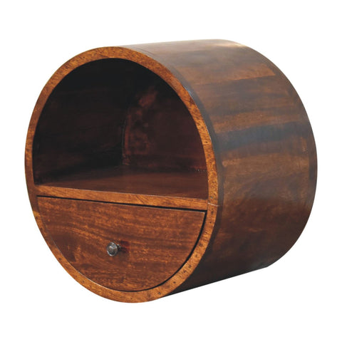 Floating circle chestnut bedside table with dark brown cylindrical wooden design, open shelf, and single drawer knob