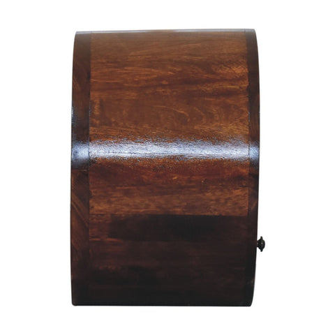 A dark brown polished wooden rolling cabinet with curved front wood grain for floating circle chestnut bedside table