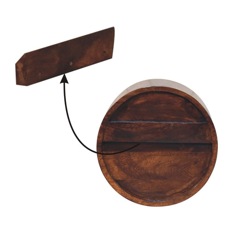Dark brown wooden circular wall-mounted storage unit with matching rectangular lid from floating circle chestnut bedside table