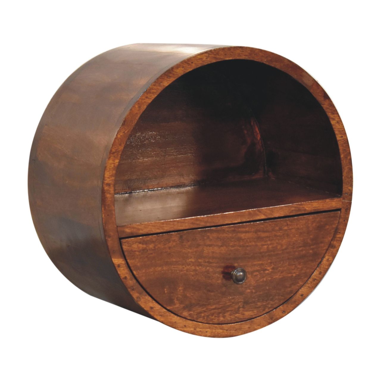 Floating circle chestnut bedside table is a round dark brown wooden nightstand with a curved top and a single drawer