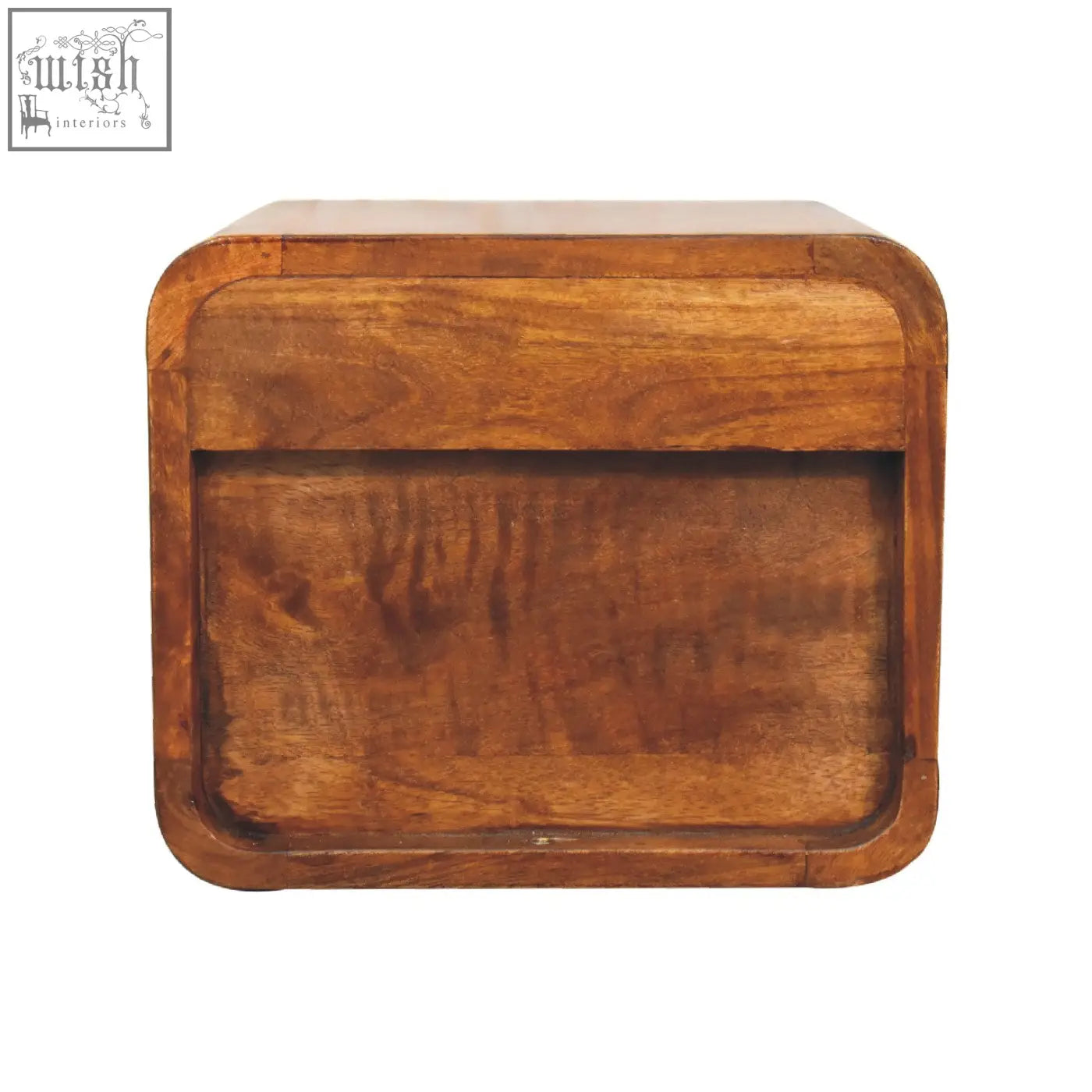 Floating mini chestnut bedside table with a warm medium-brown wood finish and natural grain wall-mounted design