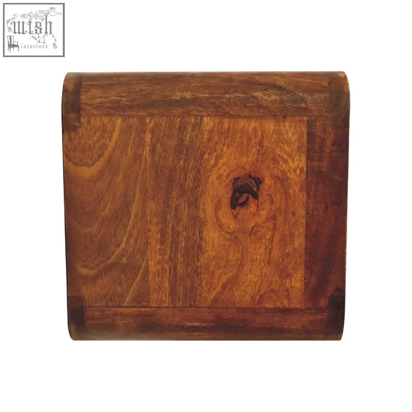 A floating mini chestnut bedside table with a rustic rectangular wooden box and warm amber finish