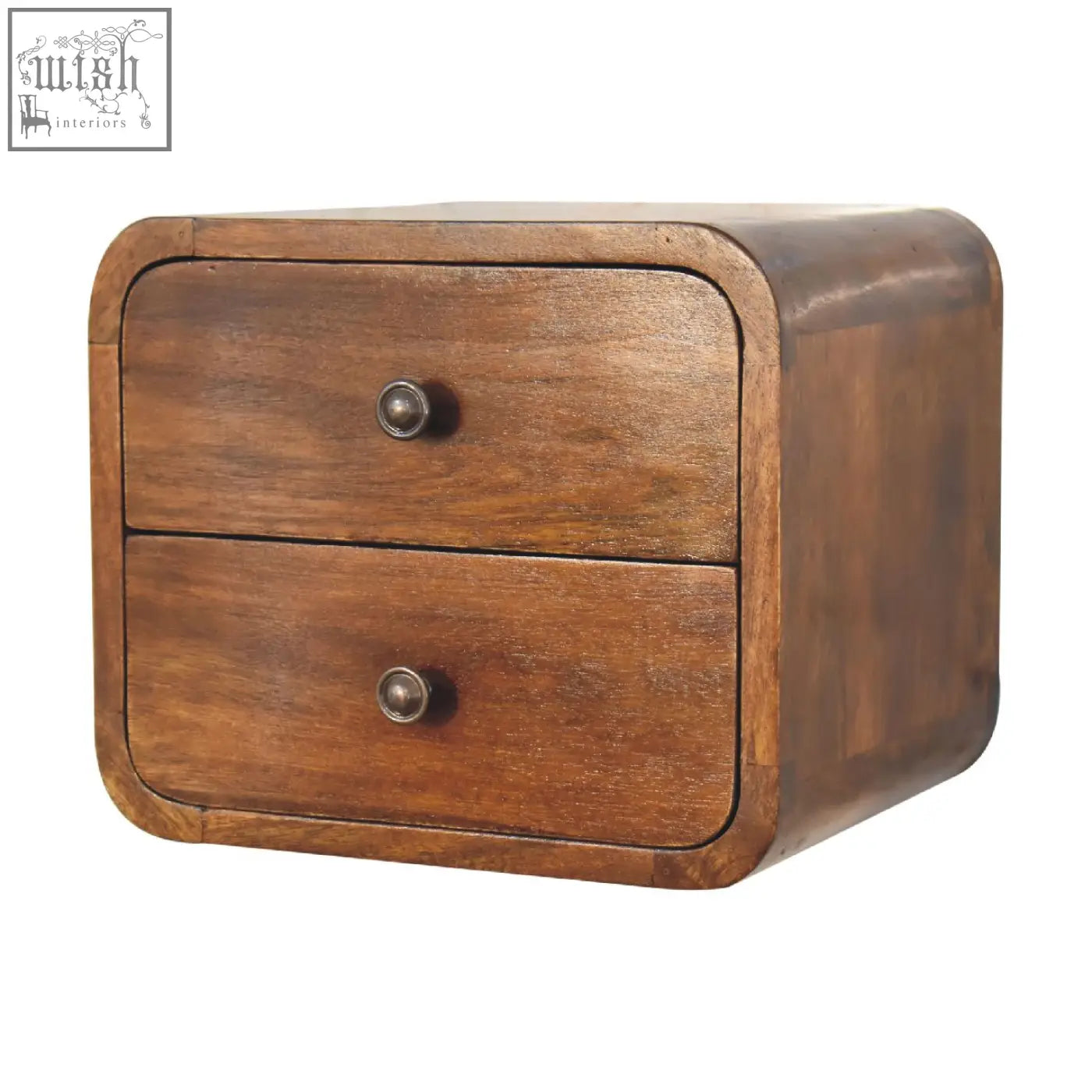 Floating mini chestnut wall-mounted bedside table with rustic brown wood and two drawers with metallic knobs