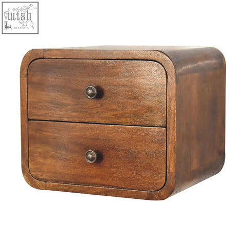 Floating mini chestnut wall-mounted bedside table with rustic brown wood and two drawers with metallic knobs