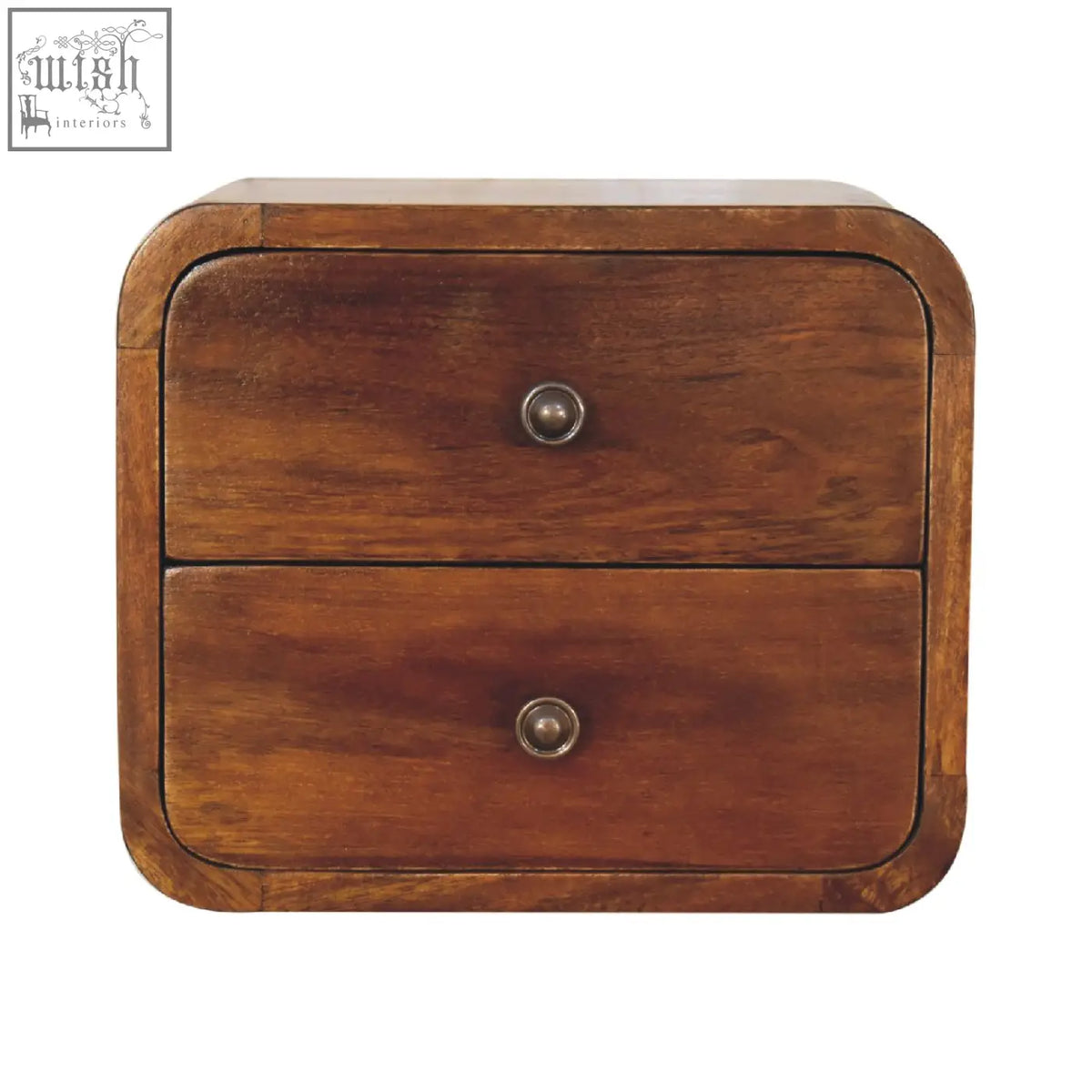 Rustic brown wooden floating mini chestnut bedside table with two drawers and round silver knobs wall-mounted