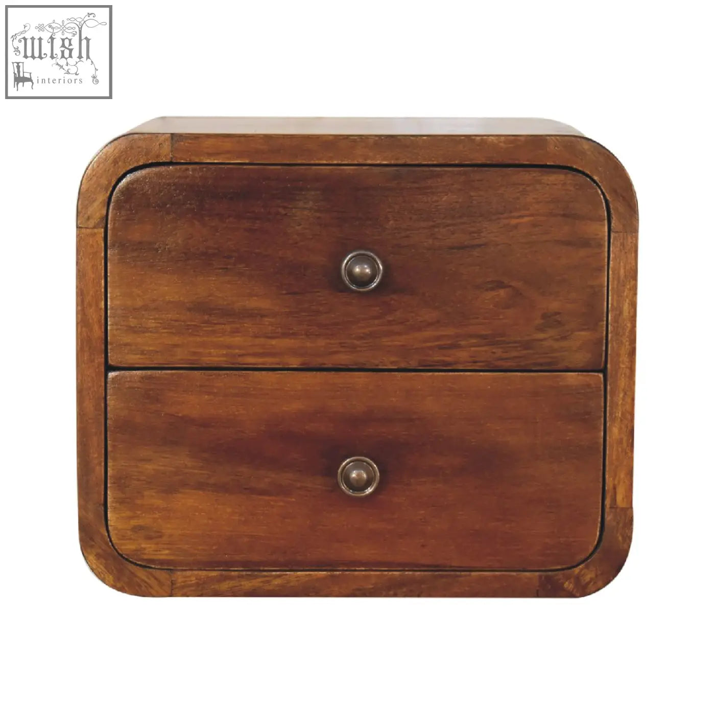 Rustic brown wooden floating mini chestnut bedside table with two drawers and round silver knobs wall-mounted