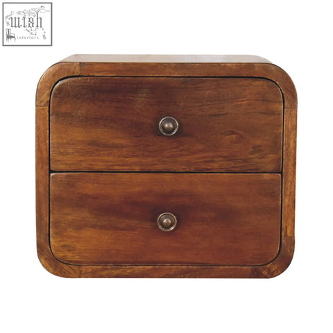 Rustic brown wooden floating mini chestnut bedside table with two drawers and round silver knobs wall-mounted