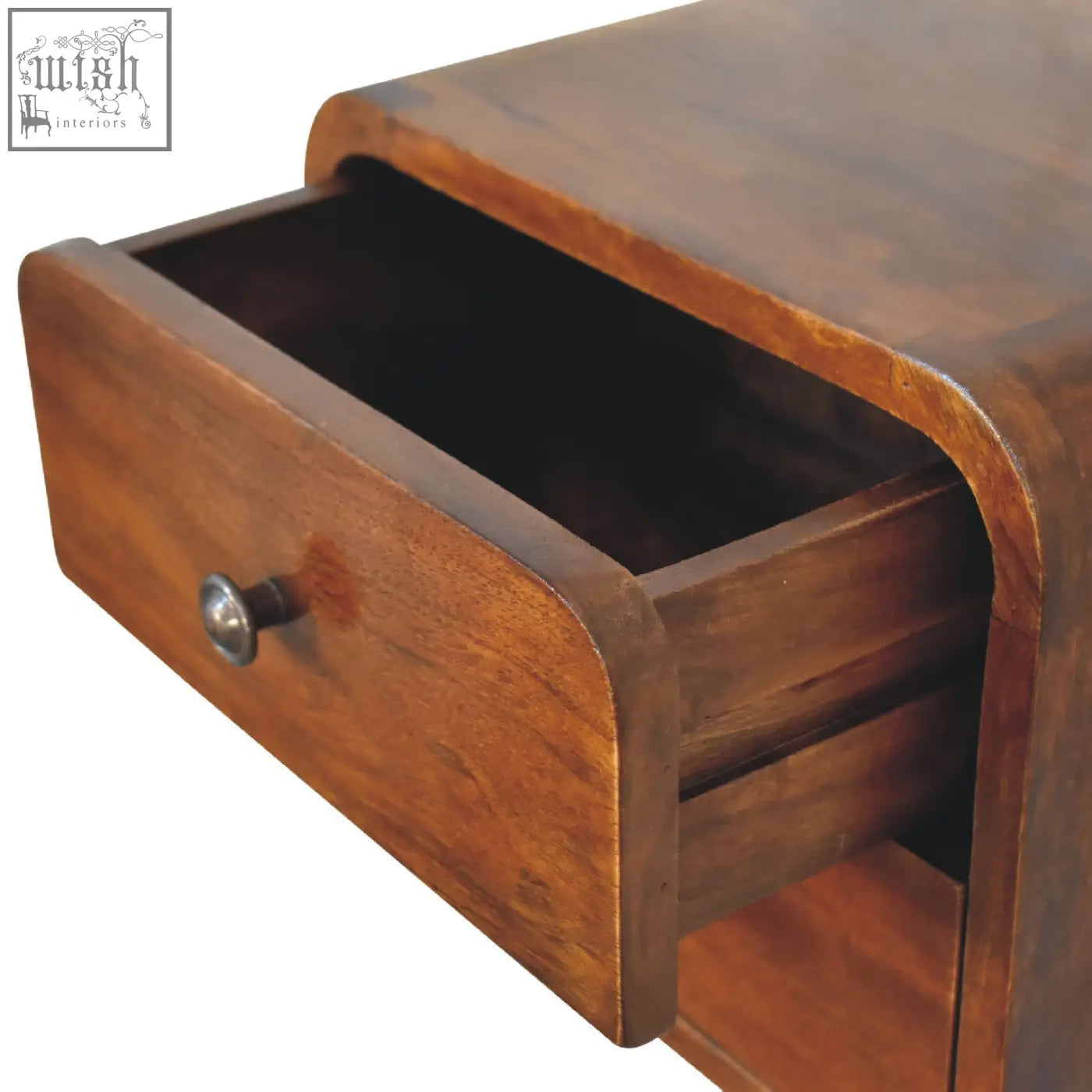 Warm-toned floating mini chestnut bedside table with curved drawer front and round metallic knob wall-mounted design