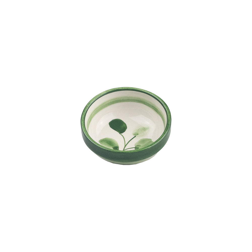 Flora ceramic dip bowl with glossy green rim and hand-painted green leaf motifs on white ceramic dip bowl surface