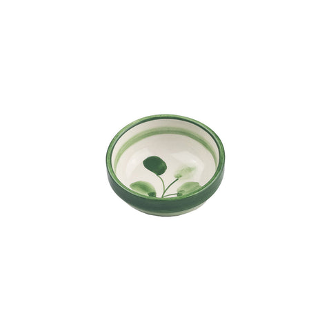 Flora ceramic dip bowl with glossy green rim and hand-painted green leaf motifs on white ceramic dip bowl surface