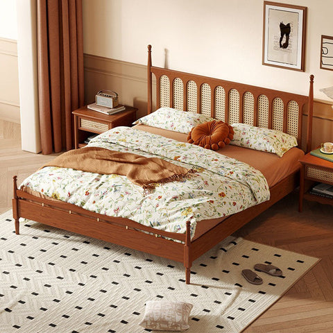 Floral king size bed with cherry wood frame and woven cane headboard and footboard in flora king size design