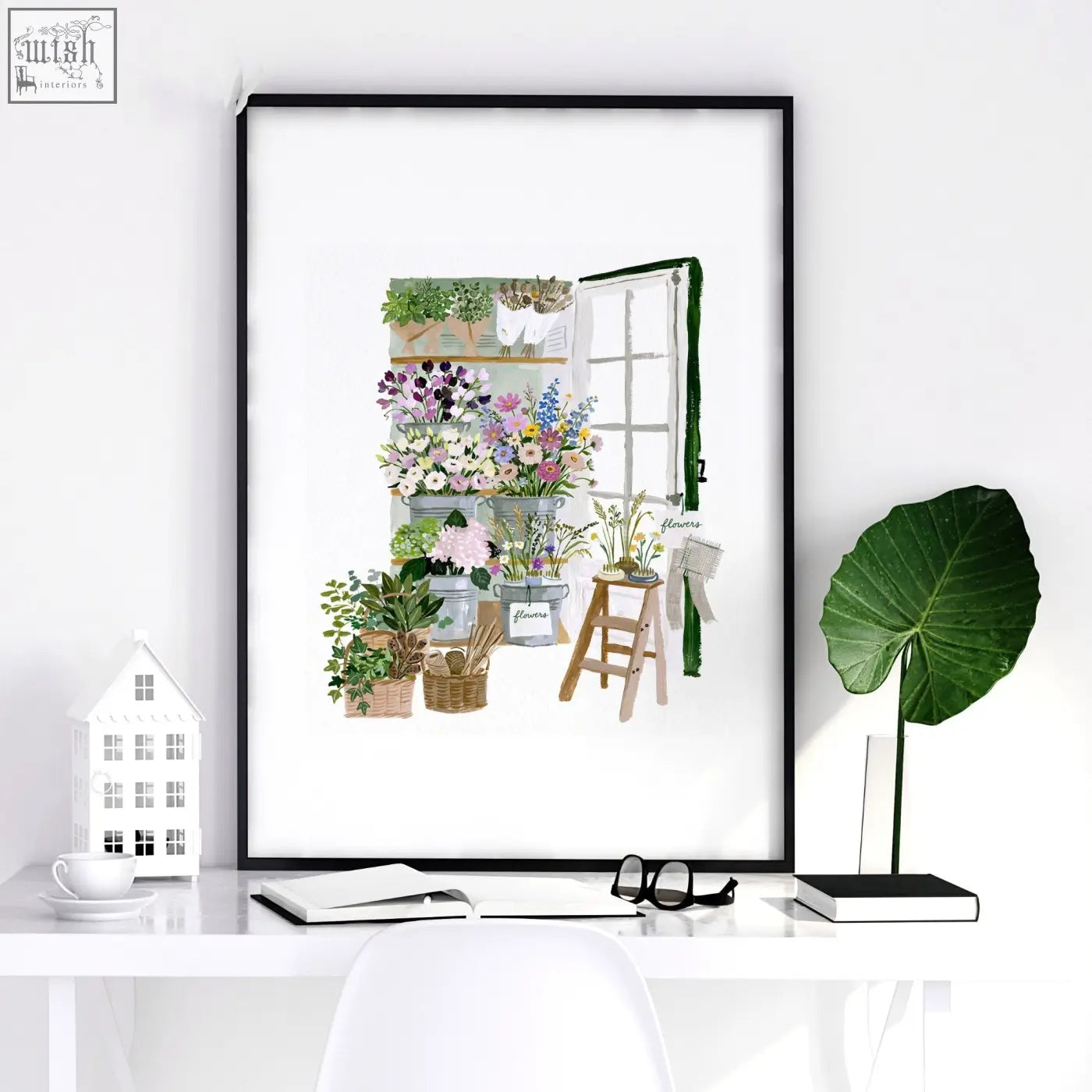 Black-framed floral art illustrated print showing vibrant flower shop scene perfect for country cottage decor