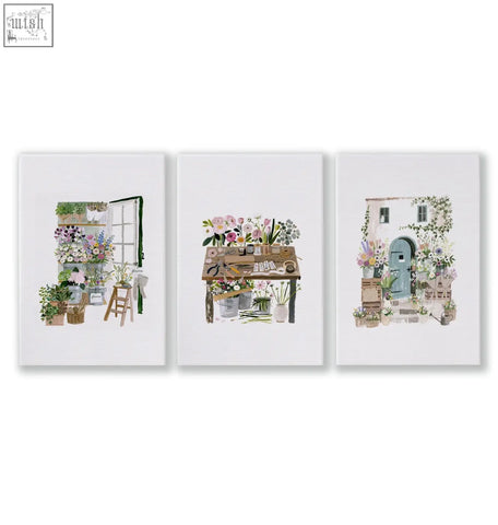 Set of three illustrated floral art prints with rustic country cottage garden scenes in soft watercolor tones