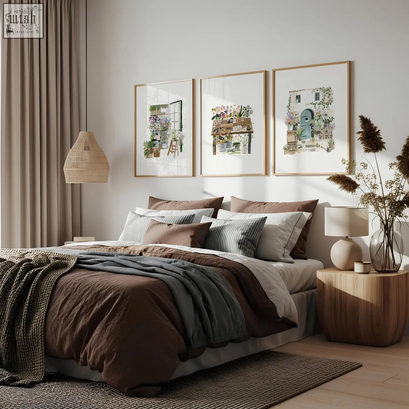 A cozy bed with a brown and gray duvet set and striped pillows, paired with floral art illustrated prints for a country cottage vibe