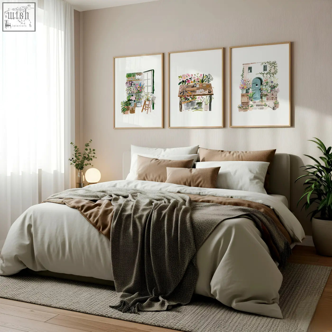 A cozy bed with beige and brown bedding and a dark green throw complements country cottage floral art illustrated prints